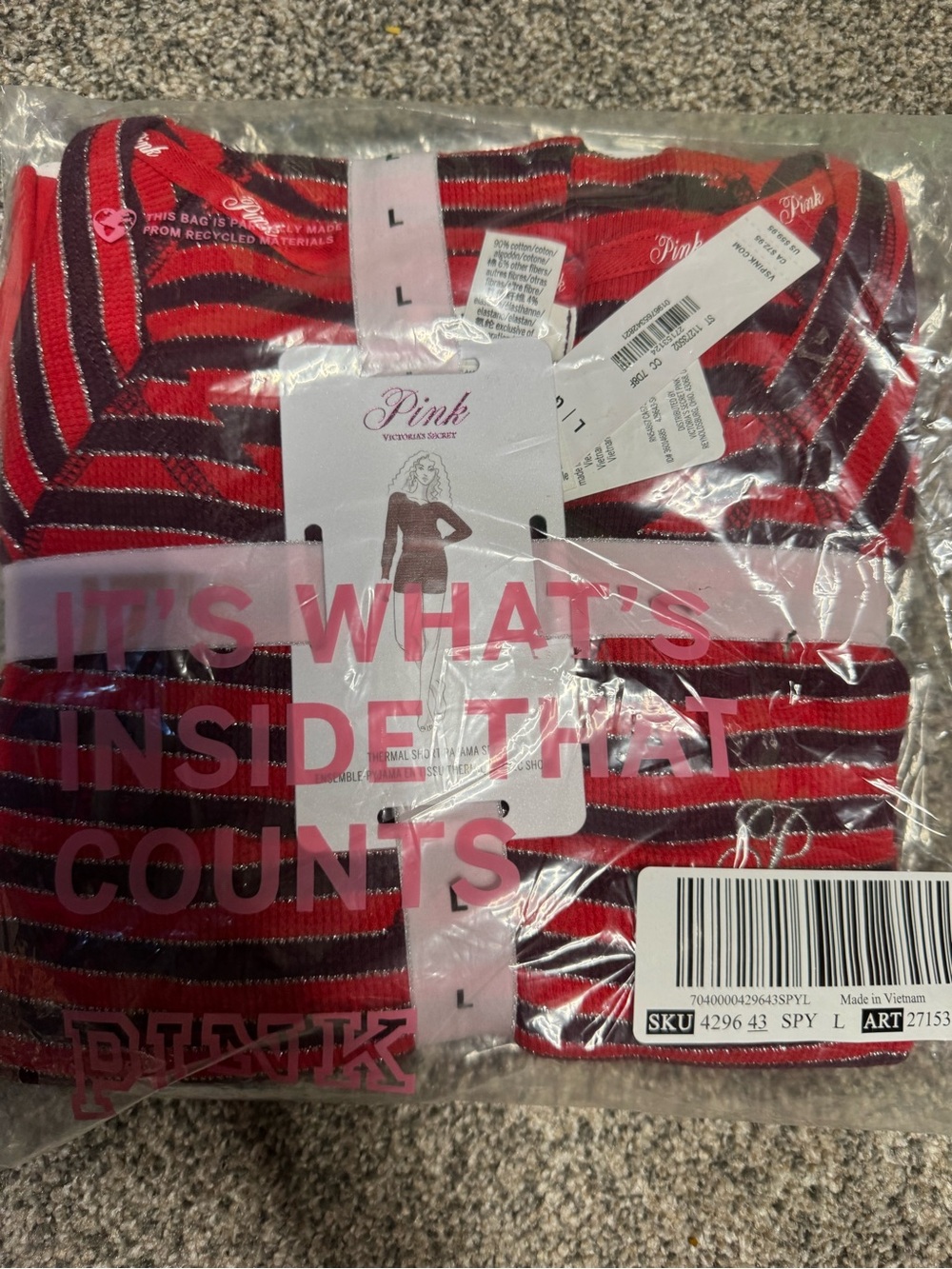PINK Victoria's Secret Red and Black Striped Knit PJ set